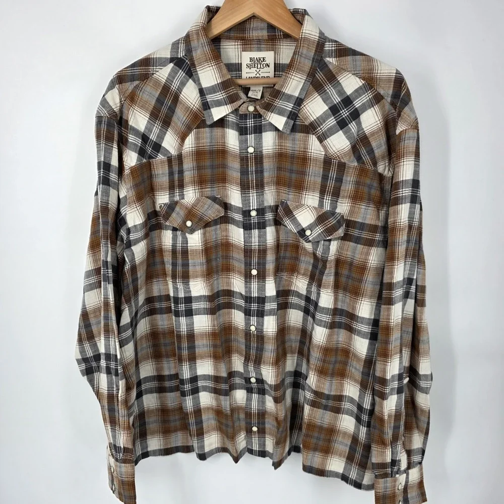 Blake Shelton Lands End Mens 3XL‎ Flannel Shirt Pearl Snap Western Long Sleeve
